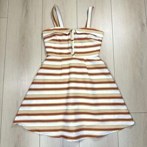 Francescas Miami XS Fit & Flare Dress Ivory Yellow Rust Stripe Button Front Line